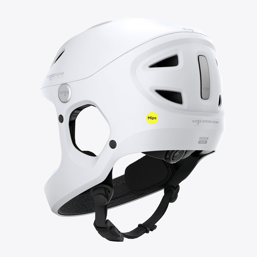 Casque vélo électrique Virgo Access Mips blanc, protection urbaine intégrale avec mentonnière et design moderne.