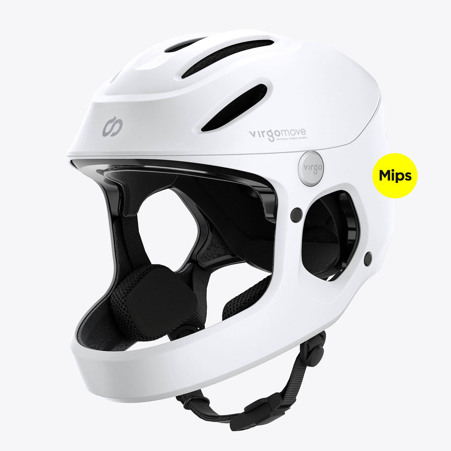 Casque vélo électrique Virgo Access Mips blanc avec mentonnière, protection faciale et design élégant.