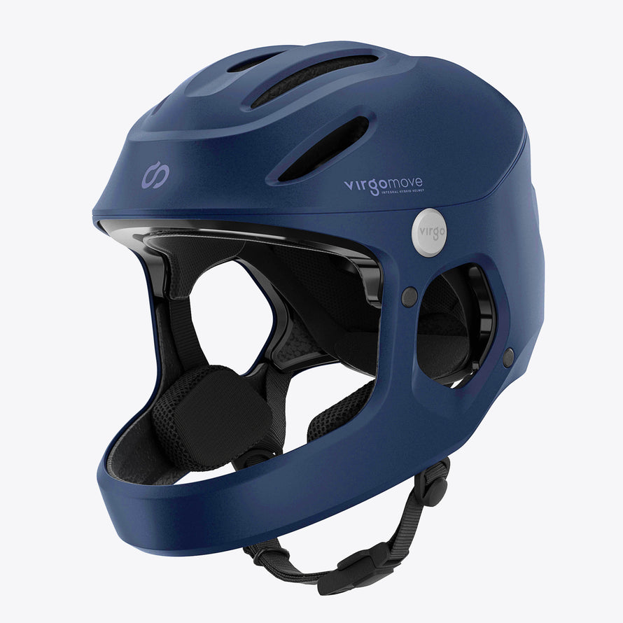 Casque vélo électrique Virgo Access bleu, version intégrale avec mentonnière et ventilation optimisée.