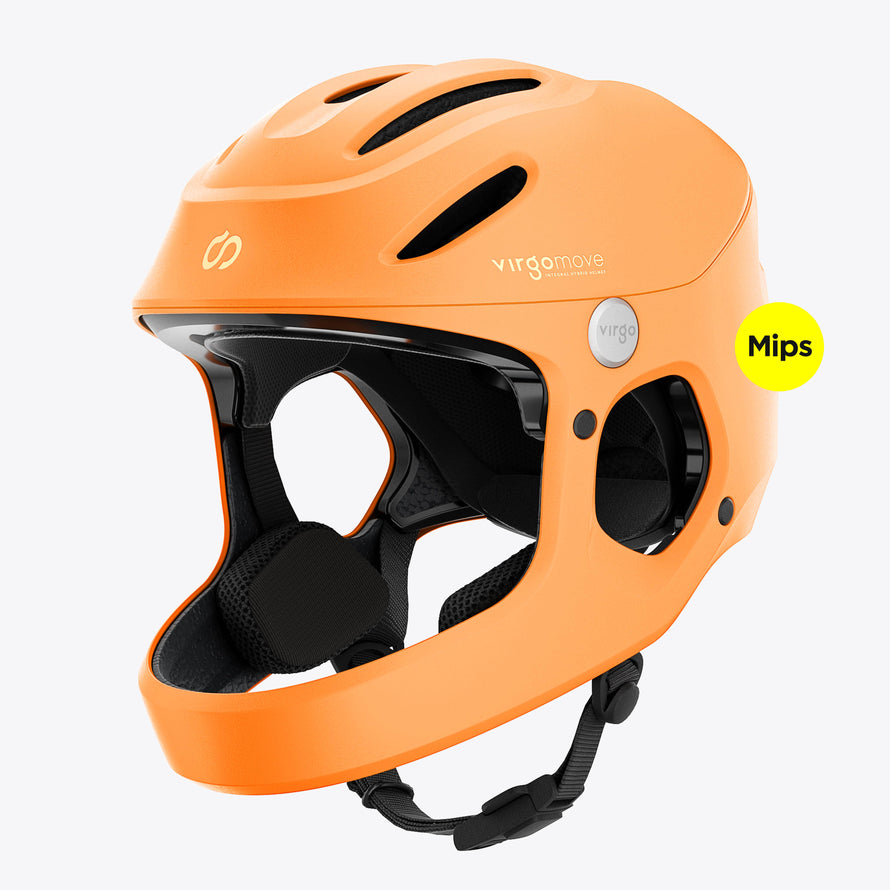 Casque vélo électrique Virgo Access Mips orange avec mentonnière, protection intégrale et visibilité accrue.