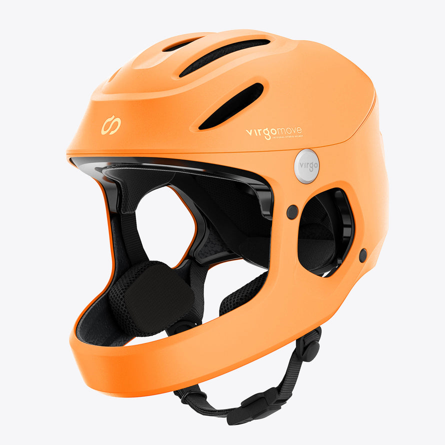 Casque intégral Virgo Access orange vif avec mentonnière et aérations, pour plus de visibilité en circulation.