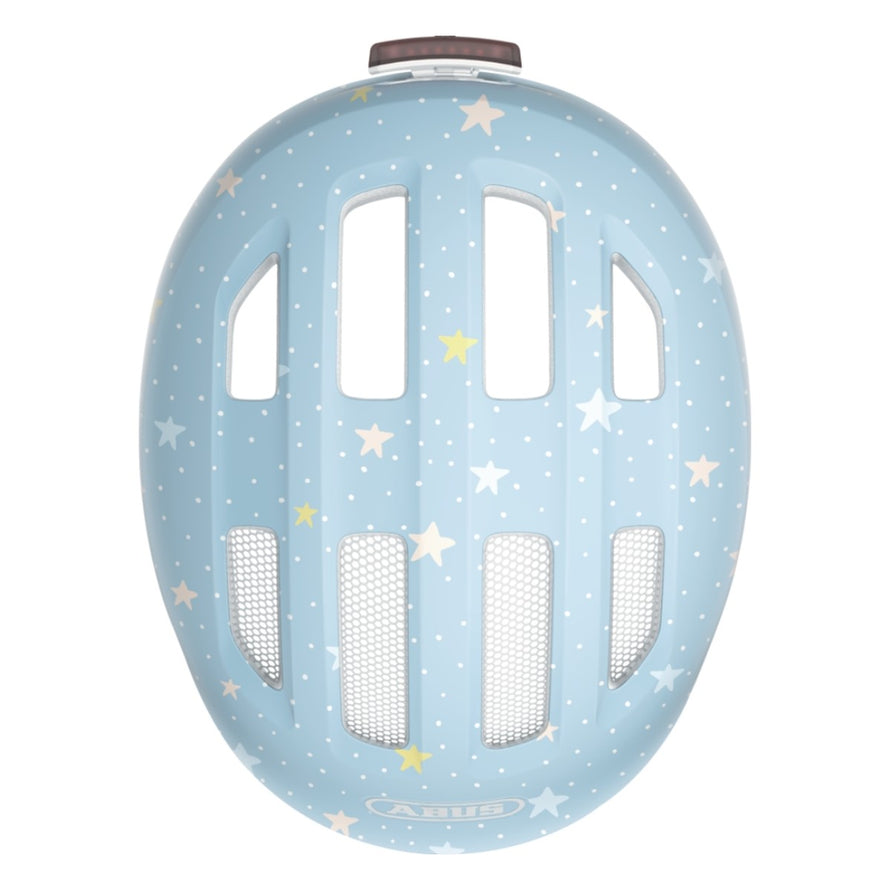 Casque vélo enfant Abus Smiley 3.0 FL.ACE LED bleu clair étoiles avec ventilation et fermeture magnétique sécurisée