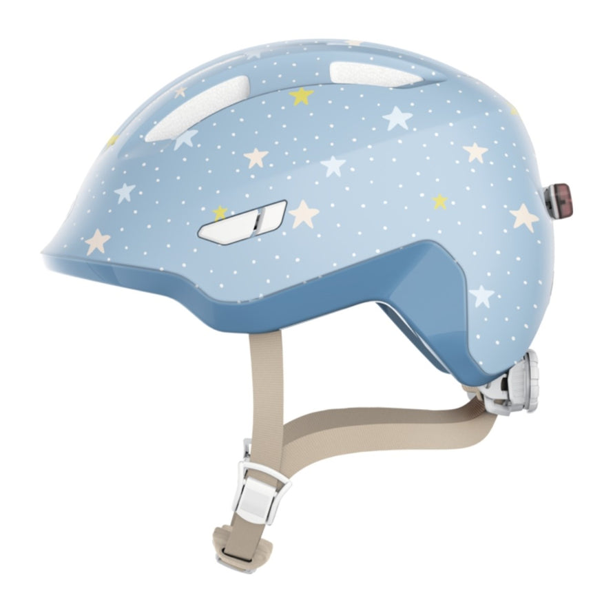 Casque vélo enfant Abus Smiley 3.0 FL.ACE LED bleu étoiles avec éclairage arrière et fermeture magnétique sécurisée