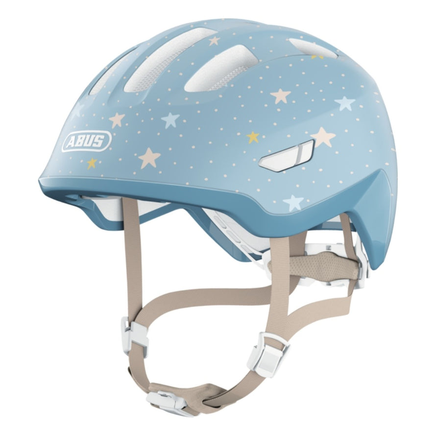 Casque vélo enfant Abus Smiley 3.0 FL.ACE LED bleu pastel avec étoiles et fermeture magnétique sécurisée