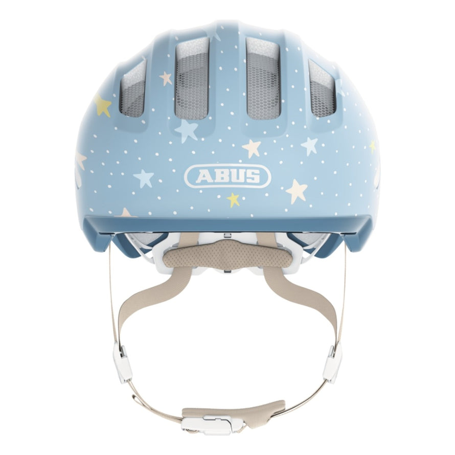 Casque vélo enfant Abus Smiley 3.0 FL.ACE LED bleu avec motifs étoiles et points, fermeture magnétique et éclairage arrière