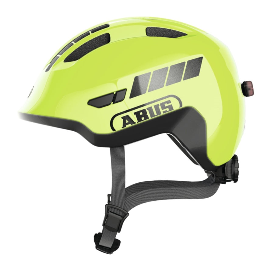 Casque vélo enfant Abus Smiley 3.0 FL.ACE LED fluo avec fermeture magnétique et éclairage arrière