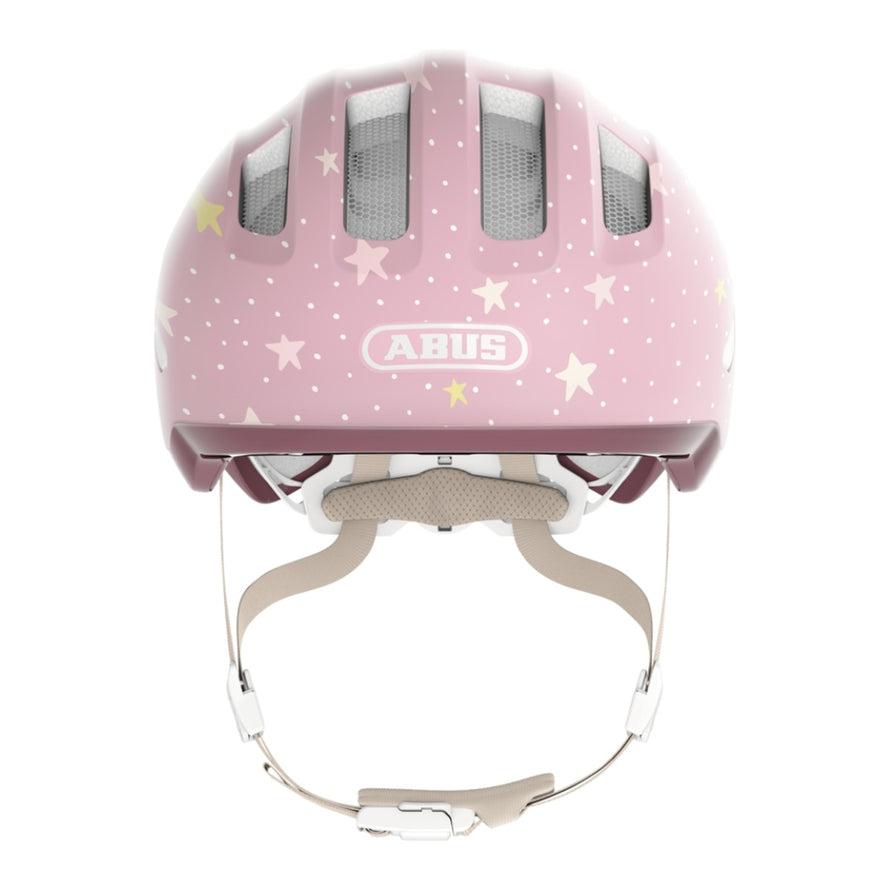 Casque vélo enfant Abus Smiley 3.0 FL.ACE LED rose avec étoiles et points, fermeture magnétique et éclairage arrière sécurisé