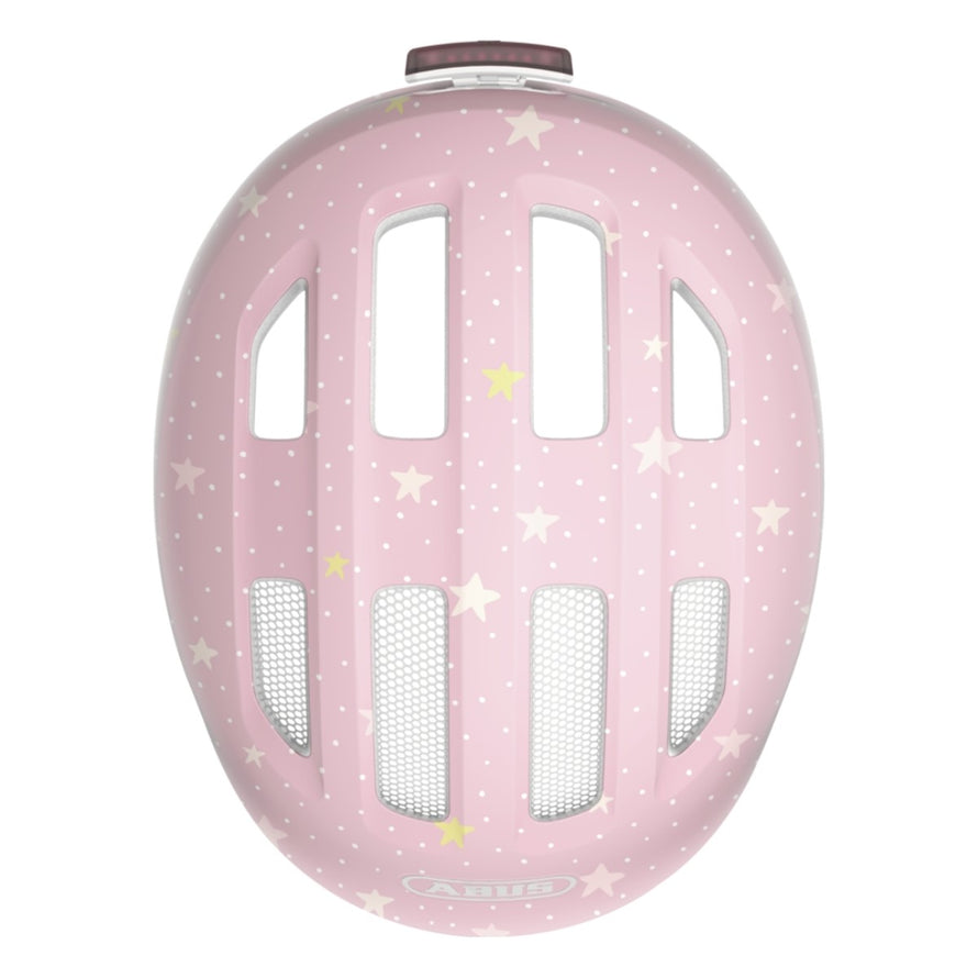 Casque vélo enfant Abus Smiley 3.0 FL.ACE LED rose étoiles avec ventilation et fermeture magnétique sécurisée