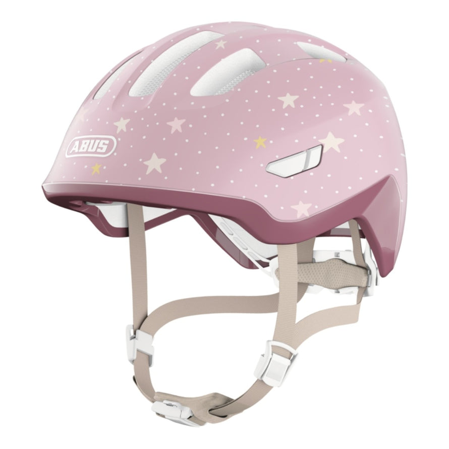 Casque vélo enfant Abus Smiley 3.0 FL.ACE LED rose avec points et étoiles, fermeture magnétique et éclairage arrière