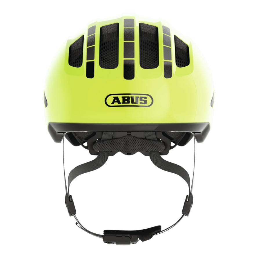 Casque vélo enfant Abus Smiley 3.0 FL.ACE LED jaune fluo avec système de fermeture magnétique et ventilation optimale