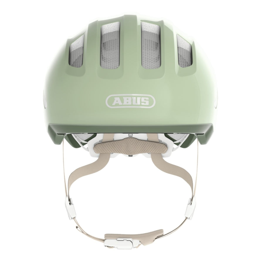 Casque vélo enfant Abus Smiley 3.0 FL.ACE LED vert clair vue arrière avec fermeture magnétique sécurisée