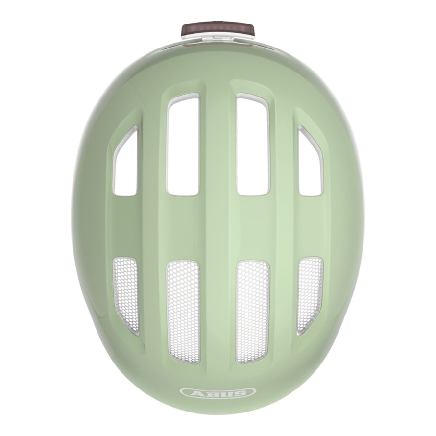 Casque velo enfant Abus Smiley 3.0 FL.ACE LED vert clair avec ventilation efficace et fermeture magnetique securisee