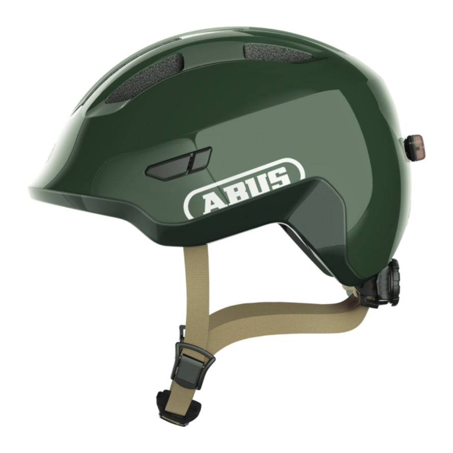Casque vélo enfant Abus Smiley 3.0 FL.ACE LED vert foncé avec fermeture magnétique et éclairage arrière