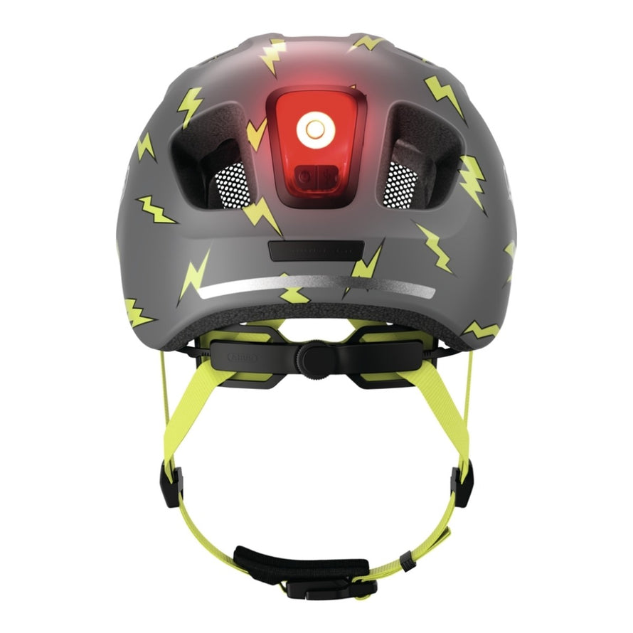 Casque velo enfant Abus Youn-I 3.0 avec feu LED arriere et motif eclairs jaune pour securite et style