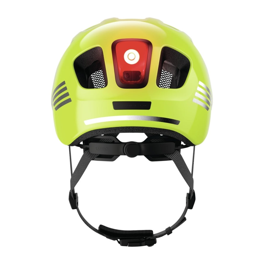 Casque velo enfant Abus Youn-I 3.0 jaune fluo avec feu LED arriere pour meilleure visibilite et securite
