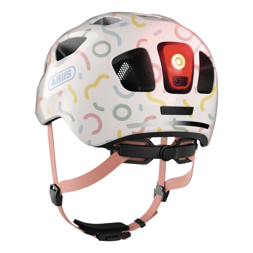 Casque velo enfant Abus Youn-I 3.0 blanc motifs avec feu LED arriere pour securite et style ludique - vue 2