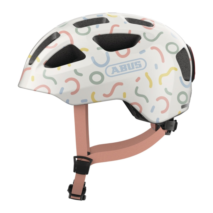 Casque velo enfant Abus Youn-I 3.0 blanc motifs colorés avec feu LED arriere pour securite et style ludique
