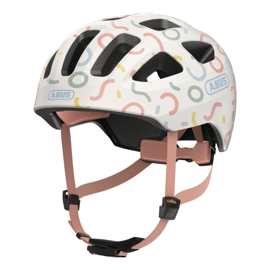 Casque velo enfant Abus Youn-I 3.0 blanc motifs avec feu LED arriere pour securite et style ludique