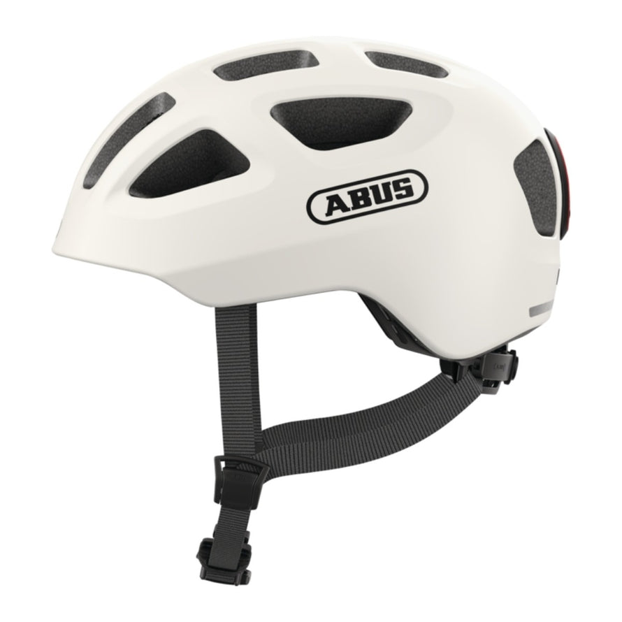 Casque velo enfant Abus Youn-I 3.0 blanc avec feu LED arriere pour securite et ajustement confortable