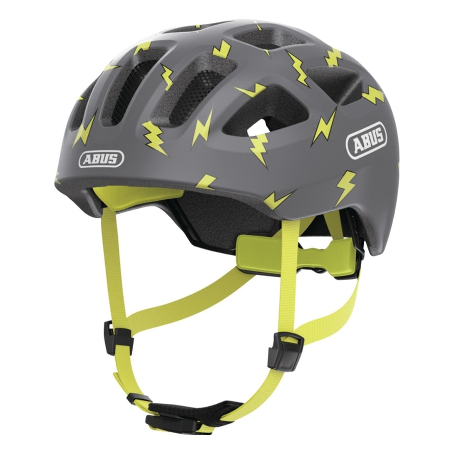 Casque velo enfant Abus Youn-I 3.0 avec motifs eclairs jaunes et feu LED arriere pour securite optimale