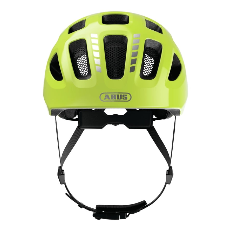 Casque velo enfant Abus Youn-I 3.0 jaune fluo avec feu LED arriere pour securite et confort renforces