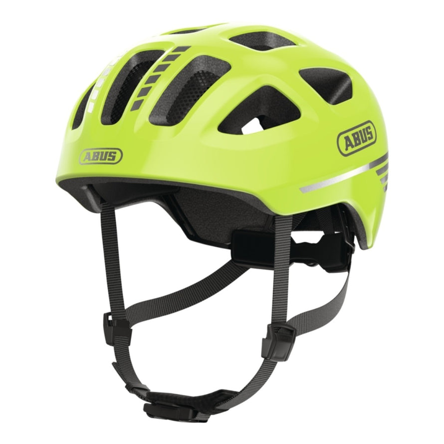 Casque velo enfant Abus Youn-I 3.0 vert fluo avec feu LED arriere pour securite et confort accrus