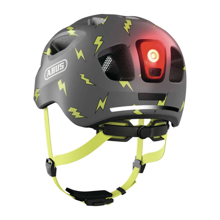 Casque velo enfant Abus Youn-I 3.0 gris avec motifs eclairs et feu LED arriere pour securite optimale