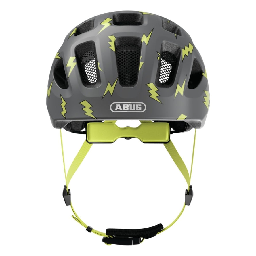 Casque velo enfant Abus Youn-I 3.0 gris avec motifs eclairs et feu LED arriere pour securite accrue