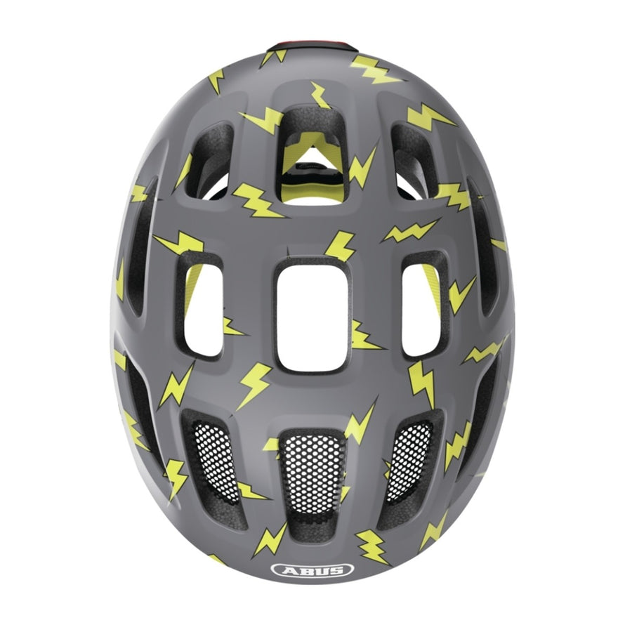 Casque velo enfant Abus Youn-I 3.0 gris avec motifs eclairs et feu LED arriere pour securite active