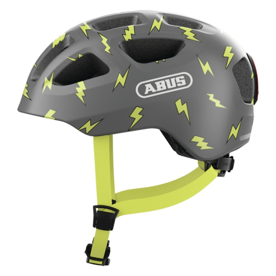 Casque velo enfant Abus Youn-I 3.0 gris avec motifs eclairs jaune et feu LED arriere pour securite optimale
