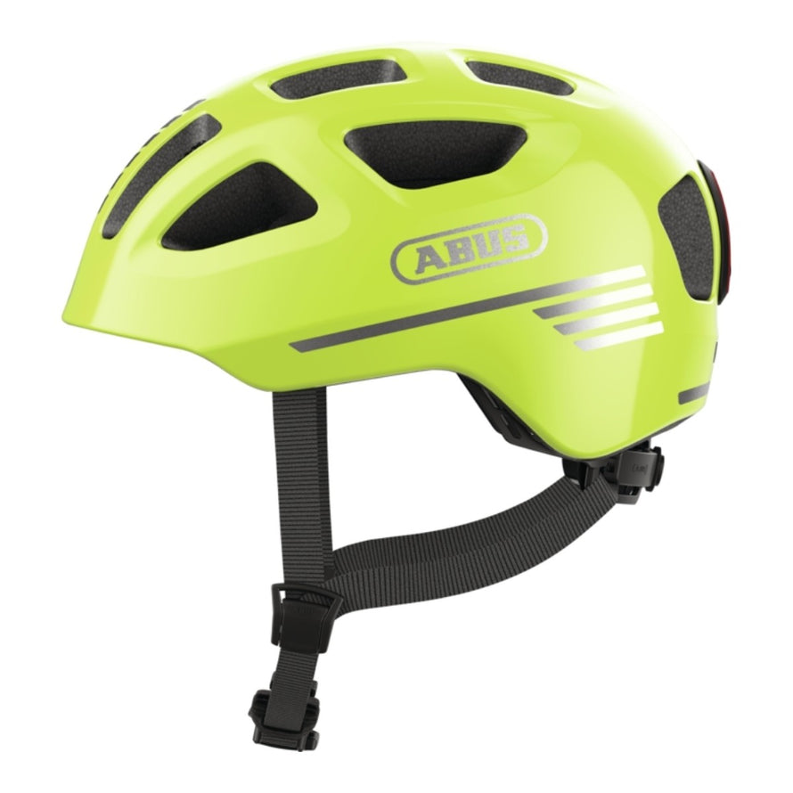 Casque velo enfant Abus Youn-I 3.0 jaune fluo avec feu LED arriere pour securite et confort accrus