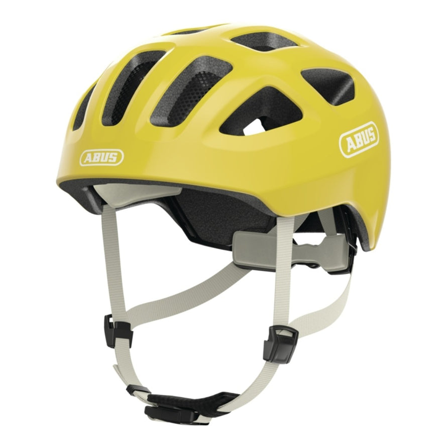 Casque velo enfant Abus Youn-I 3.0 jaune avec feu LED arriere pour securite et confort ajustable