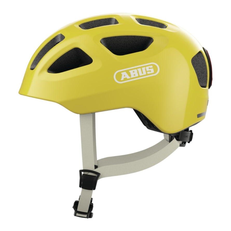 Casque velo enfant Abus Youn-I 3.0 jaune avec feu LED arriere pour securite et confort ajustables