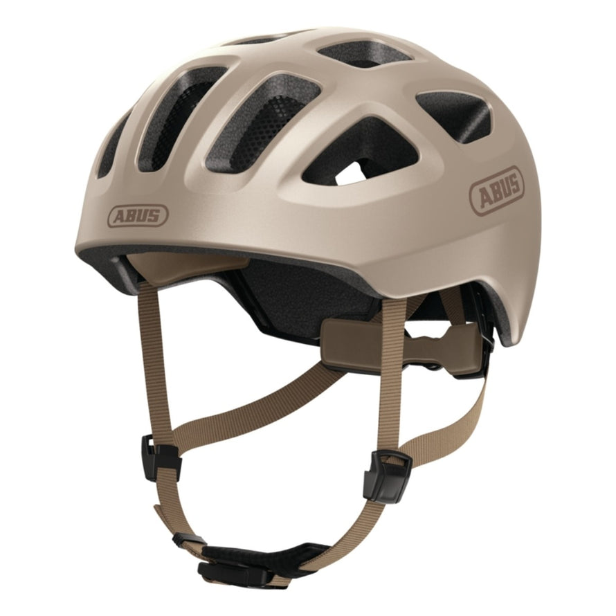 Casque velo enfant Abus Youn-I 3.0 taupe avec feu LED arriere pour securite et confort ajustable