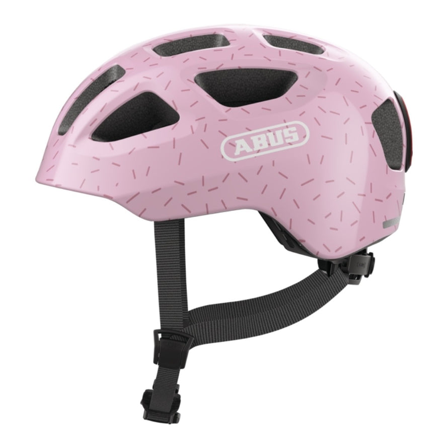 Casque velo enfant Abus Youn-I 3.0 rose avec feu LED arriere pour securite et confort ajustable