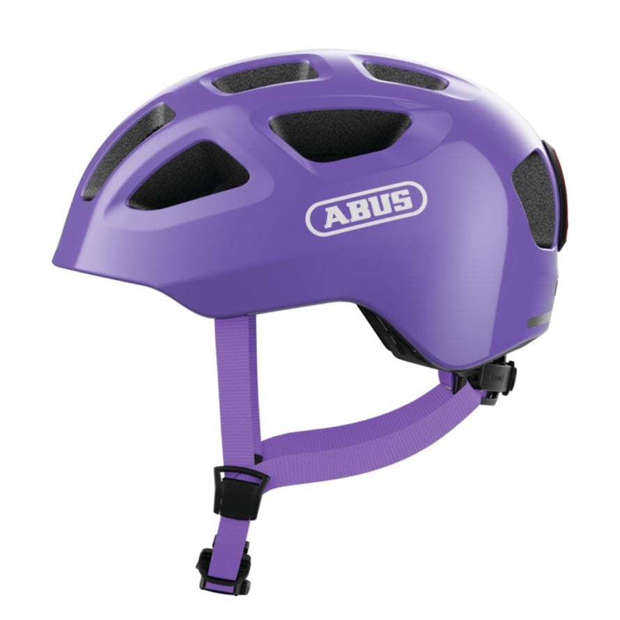 Casque velo enfant Abus Youn-I 3.0 violet avec feu LED arriere pour securite et confort ajustable
