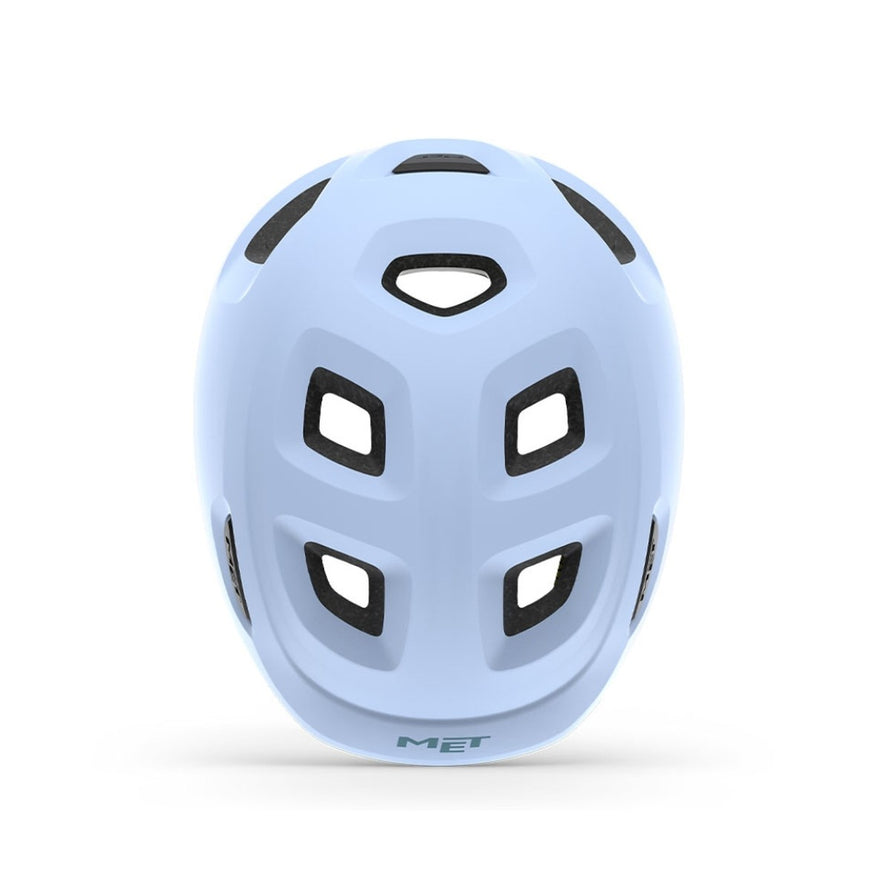 Casque vélo enfant Hourra MET bleu clair avec ventilation optimale, compatible siège vélo enfant pour sécurité renforcée