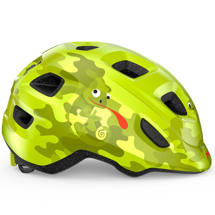 Casque vélo enfant Hourra MET camouflage vert avec motif luciole, compatible siège vélo enfant pour sécurité et style