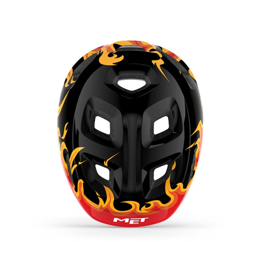 Casque vélo enfant Hourra MET noir et rouge avec motifs flammes, compatible siège vélo enfant pour sécurité et confort