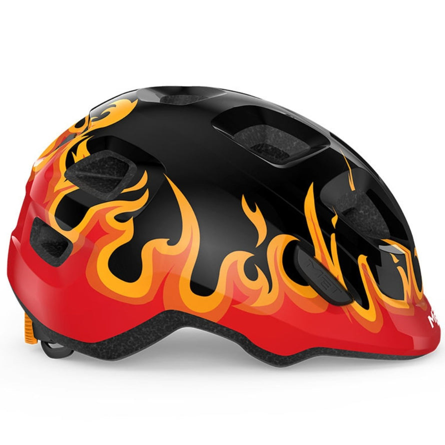 Casque vélo enfant Hourra MET design flammes rouge et noir, compatible siège vélo enfant pour sécurité et style