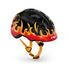 Casque velo enfant Hourra MET rouge noir avec motifs flammes et sangle orange, compatible siege velo enfant pour securite