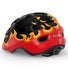 Casque vélo enfant Hourra MET rouge et noir avec motifs flammes, compatible siège vélo enfant pour sécurité et confort