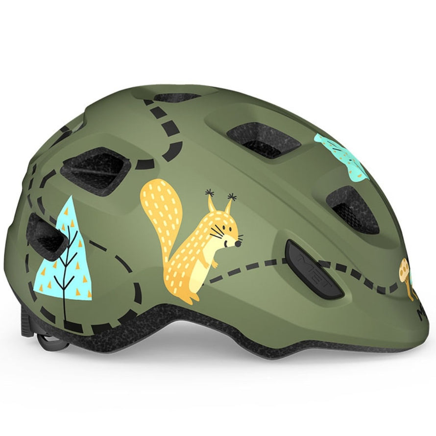 Casque vélo enfant Hourra MET vert avec motif écureuil, compatible siège vélo enfant pour sécurité et confort