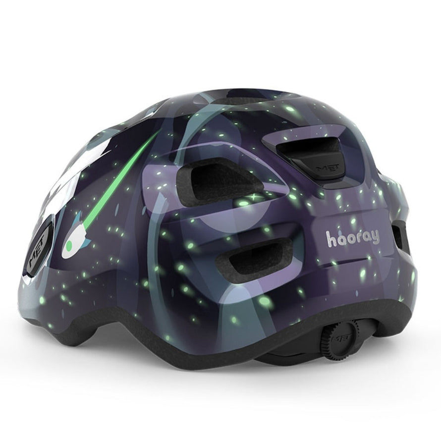 Casque vélo enfant Hourra MET motif galaxie avec réglage arrière, compatible siège vélo enfant pour sécurité et confort