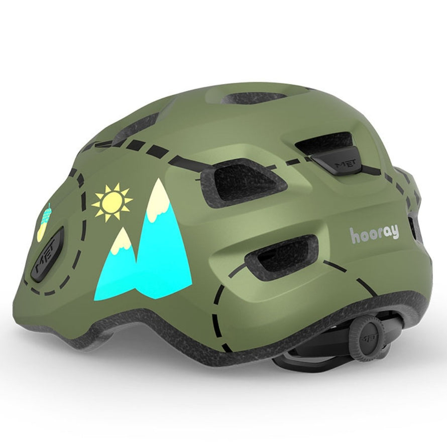 Casque vélo enfant Hourra MET motif montagne vert, compatible siège vélo enfant, sécurité et confort garantis