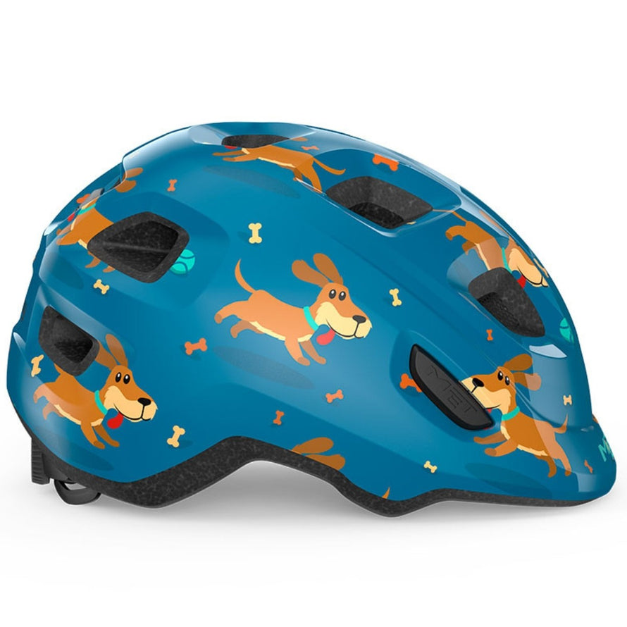 Casque vélo enfant Hourra MET bleu avec motifs chiens et ventilation, conçu pour siège vélo enfant sécurisé