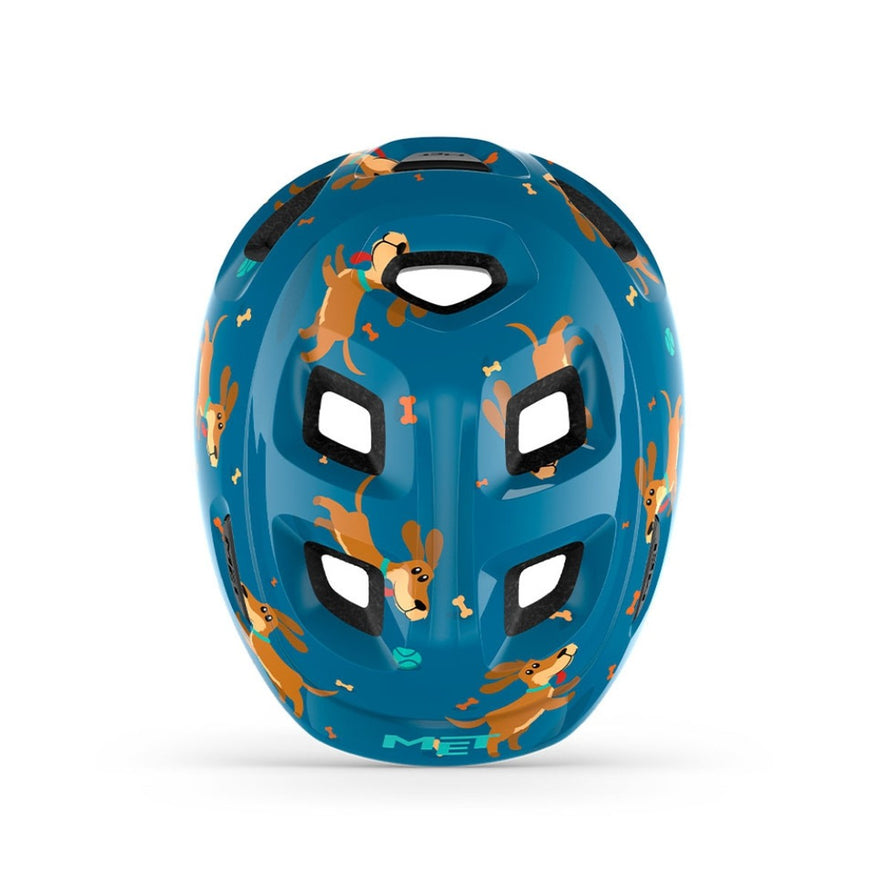 Casque vélo enfant Hourra MET bleu avec motifs chiens, compatible siège vélo enfant pour sécurité et confort