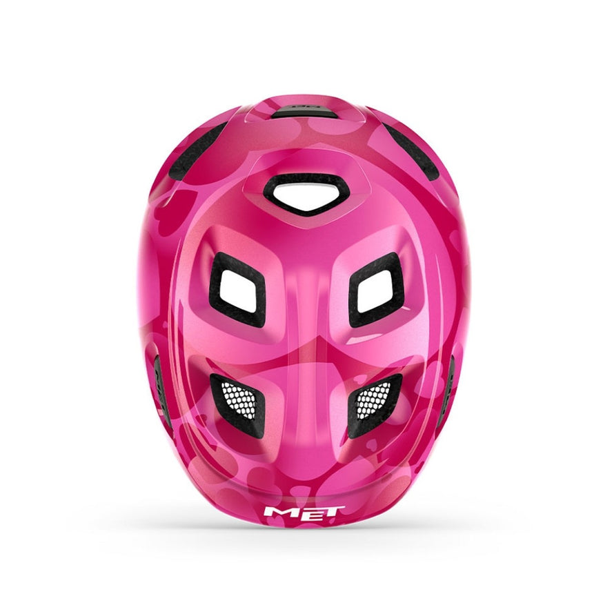 Casque vélo enfant Hourra MET rose avec motifs fluorescents, compatible siège vélo enfant pour sécurité et confort