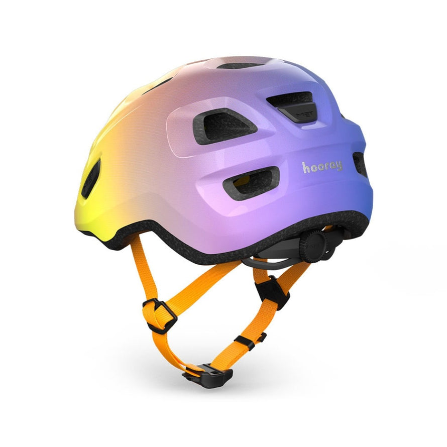 Casque velo enfant Hourra MET degrade violet jaune avec sangle orange, compatible siege velo enfant pour securite