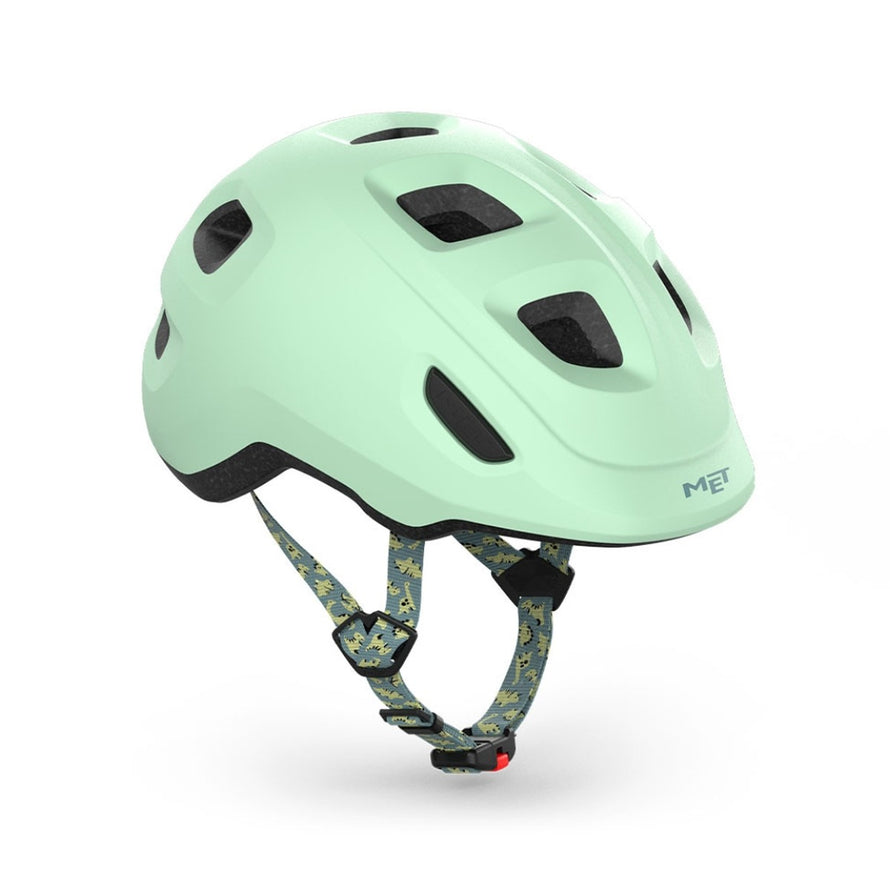 Casque vélo enfant Hourra MET vert clair avec sangle à motifs, compatible siège vélo enfant pour sécurité et confort